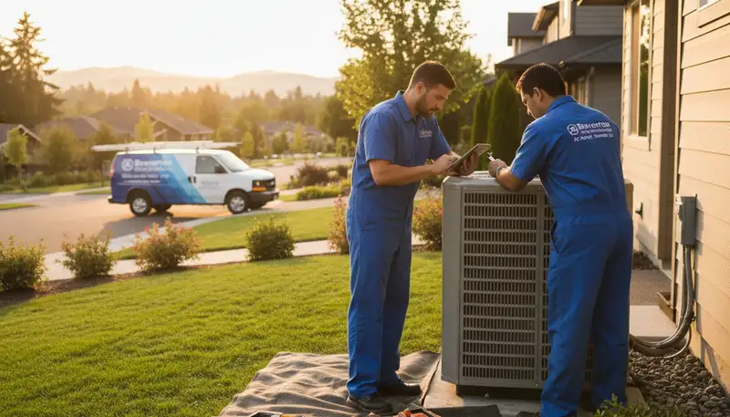 Professional AC repair technician servicing air conditioner in Portland OR home