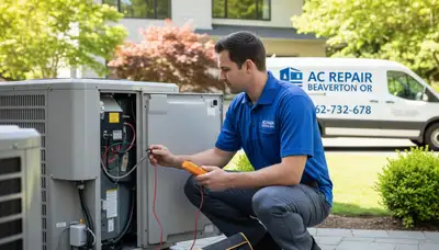 Professional AC repair technician servicing air conditioner in Portland, OR