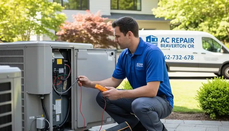 Professional AC repair technician servicing air conditioner in Portland, OR