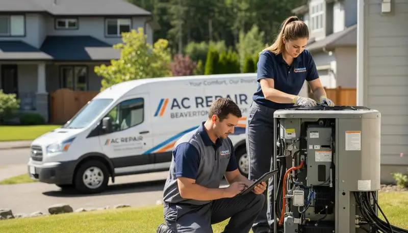 Professional AC repair technician servicing cooling unit in Portland, OR home