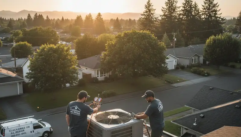 Professional AC repair technician servicing air conditioner unit in Portland, OR