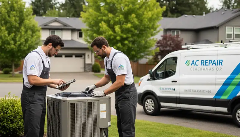 Professional AC repair technician servicing air conditioner unit in Portland, OR