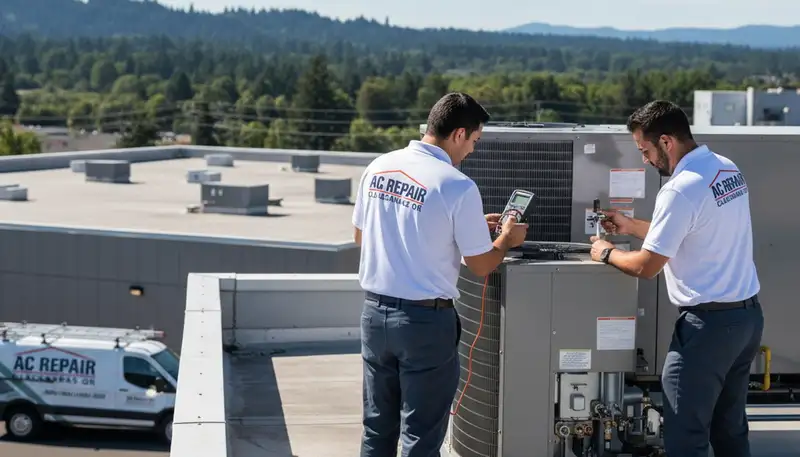 Professional AC repair technician servicing air conditioner unit in Portland, OR