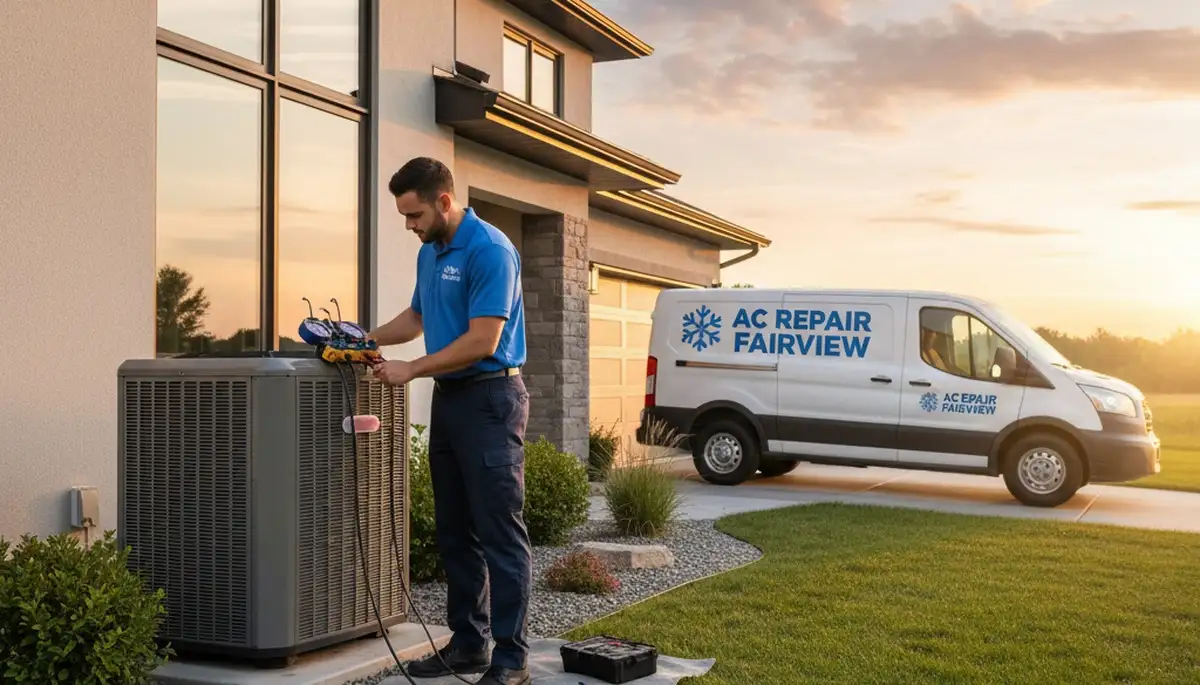 Professional AC repair technician servicing residential air conditioner in Portland, OR