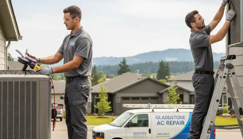 Professional AC repair technician servicing air conditioner unit in Portland OR home