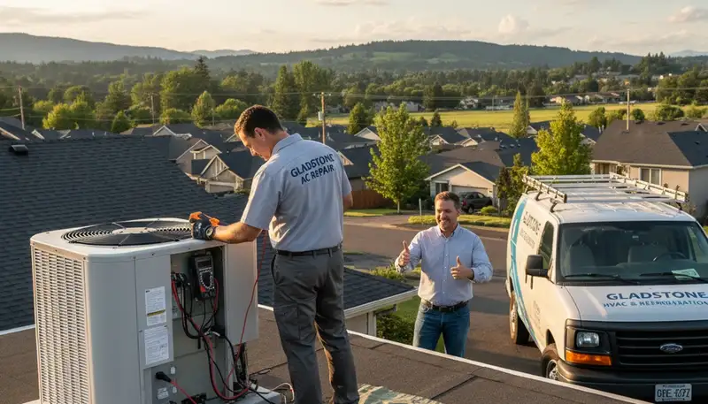 HVAC technician performing professional AC repair service in Portland, OR home