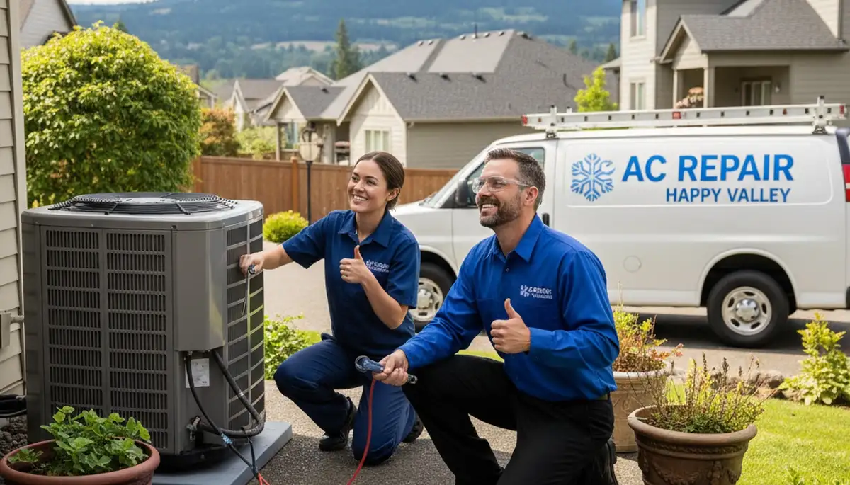 Professional AC repair technician servicing air conditioner unit in Portland, OR