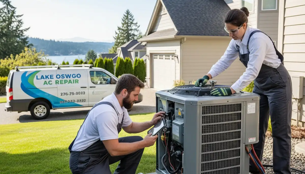 Professional AC repair technician servicing air conditioner unit in Portland, OR