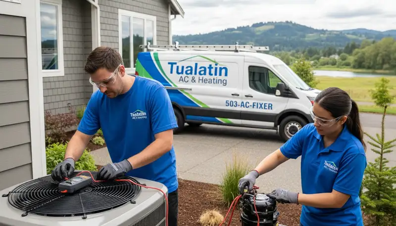 Professional AC repair technician servicing air conditioner unit in Portland OR