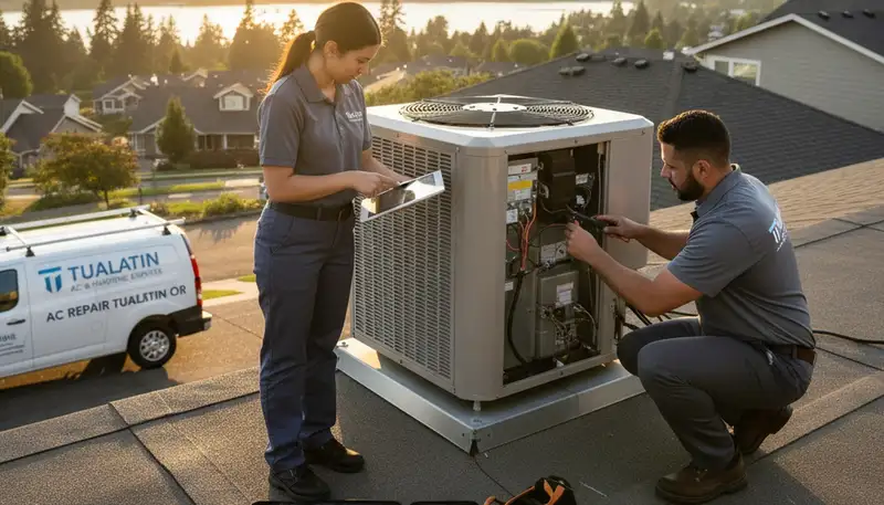 Professional AC repair technician servicing residential air conditioner in Portland OR