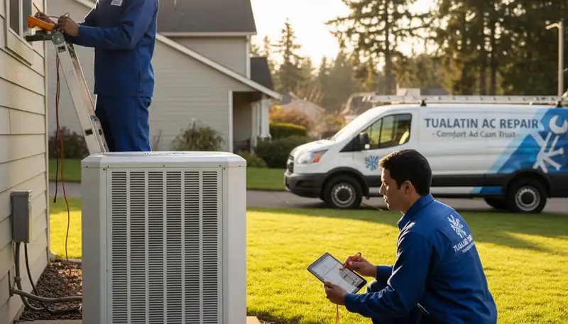 Professional AC repair technician servicing air conditioner unit in Portland, OR