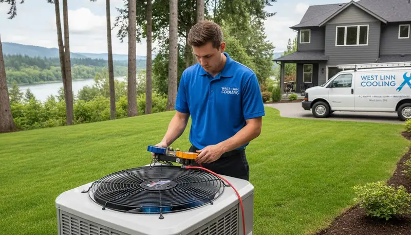 HVAC technician performing residential AC repair service in Portland OR