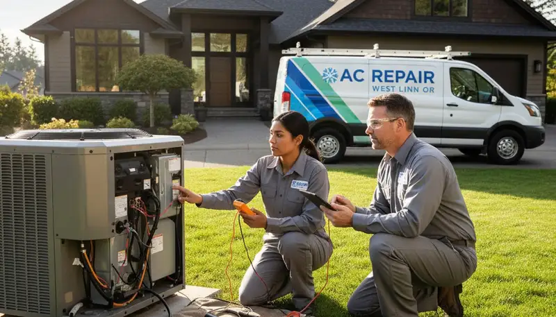 Professional AC repair technician servicing air conditioner unit in Portland, OR