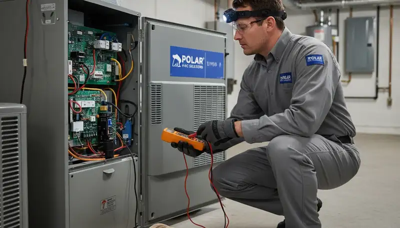 Technician performing furnace repair in Portland OR home for Five Star Cooling heating service