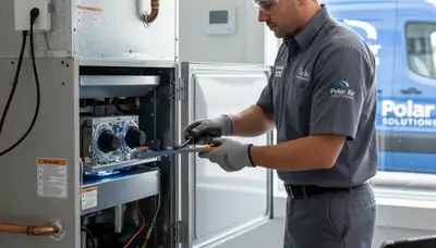 Technician performing furnace repair in Portland OR home for Five Star Cooling heating service