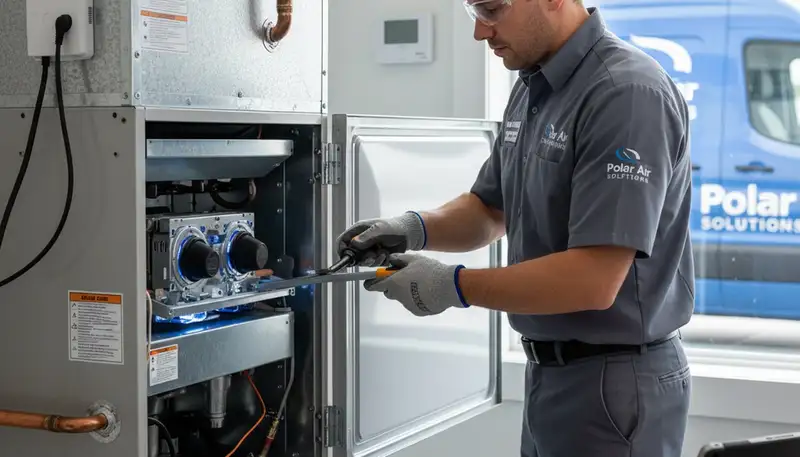 Technician performing furnace repair in Portland OR home for Five Star Cooling heating service