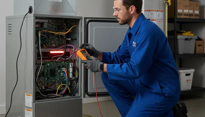 Technician performing furnace repair service in Portland, OR for Five Star Cooling