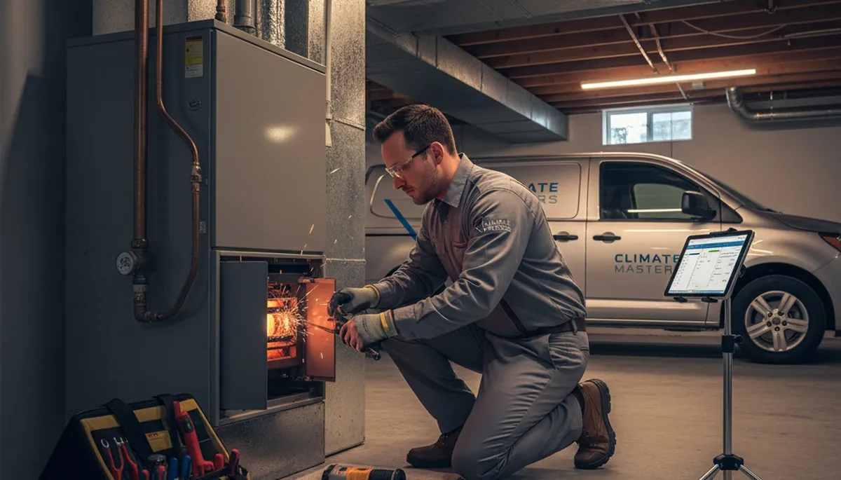 Technician performing heating repair on furnace in Portland, OR home