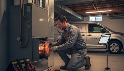 Technician performing heating repair on furnace in Portland, OR home