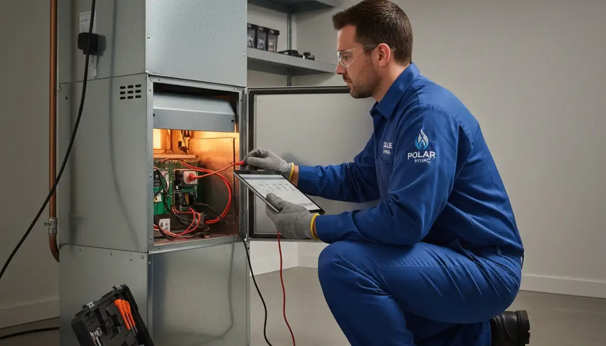 Technician performing heating repair on furnace in Portland OR home | Five Star Cooling